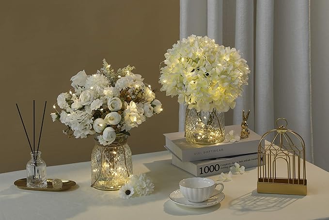 Aitificial LED White Rose Flowers with Glass Vase, Flower Arrangement for Table Centerpiece, Home Office Wedding Decoration