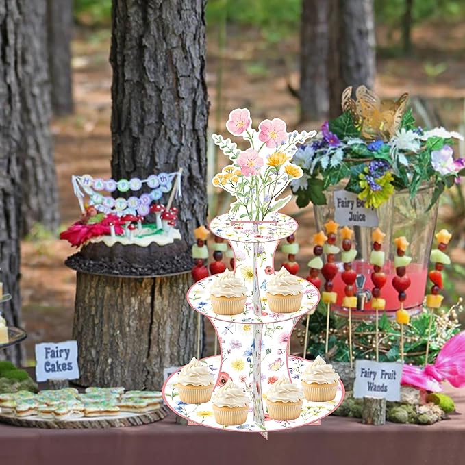 Wildflower Cupcake Stand Spring Wildflower Birthday Party Decorations Wildflower Cupcake Holder 3 Tiers Floral Dessert Towers for Flower Theme Baby Shower Supplies
