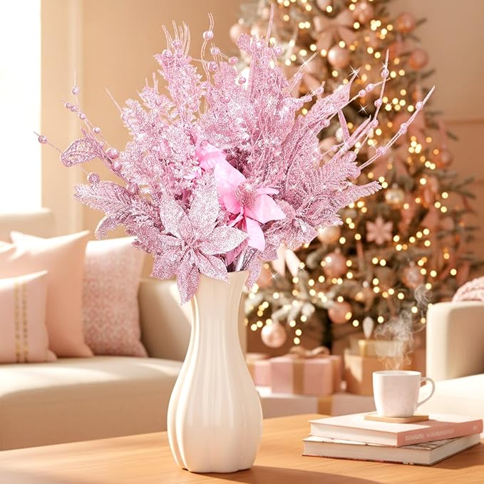 18 Pack 3 Styles 17 Inch Christmas Glitter Poinsettia Berry Stems Ornaments Artificial Floral Branches Picks for Christmas Tree Home Vase Holiday Party Decor(Pink)