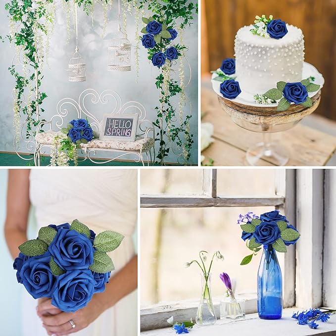 AmyHomie Artificial Flower Royal Blue Rose 25pcs Real Looking Fake Roses w/Stem for DIY Wedding Bouquets Centerpieces Arrangements Party Baby Shower Valentines Day Christmas Tree Decorations