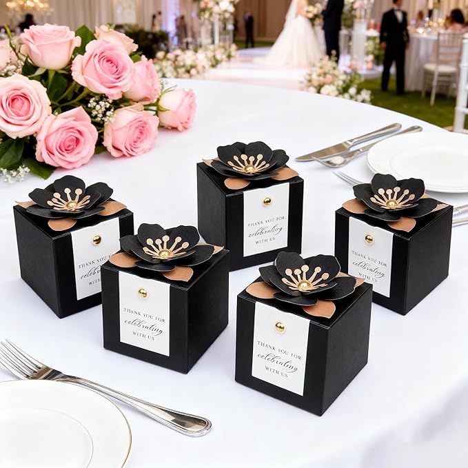 FEIYI 20 PCS Candy Boxes, 3 In 1 Black Favor Boxes with Floral Decor, White Thank You Tags Gift wrapping for Wedding Birthday Baby Shower Decorations Party -2.55x2.55x2.55''
