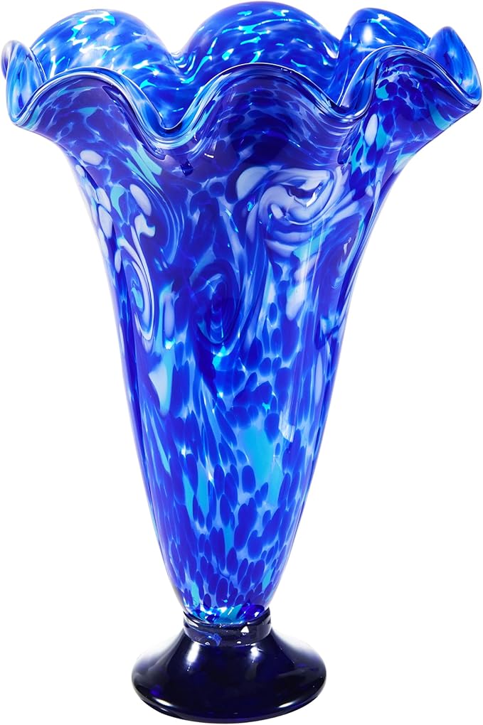 Luxury Lane Hand Blown Cobalt Blue Confetti Art Glass Flower Vase for Home Decor 10 inch Tall Centerpiece Table Decoration