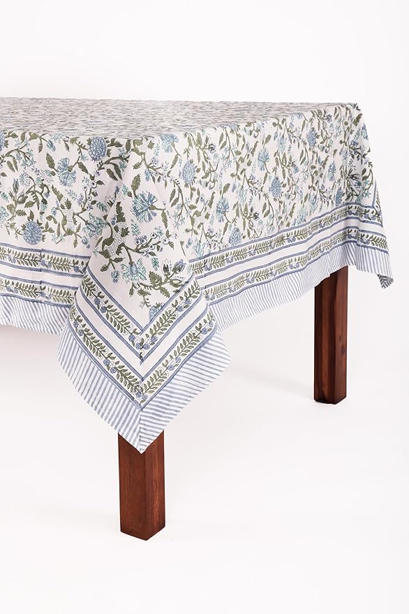 ATOSII Mahoka Blue 100% Cotton Rectangle Summer Tablecloth, Handblock Floral Linen Table Cloth for Kitchen Dining Table I Parties Weddings Outdoors Home Decor 72 X 120 Inches I 10 Seater