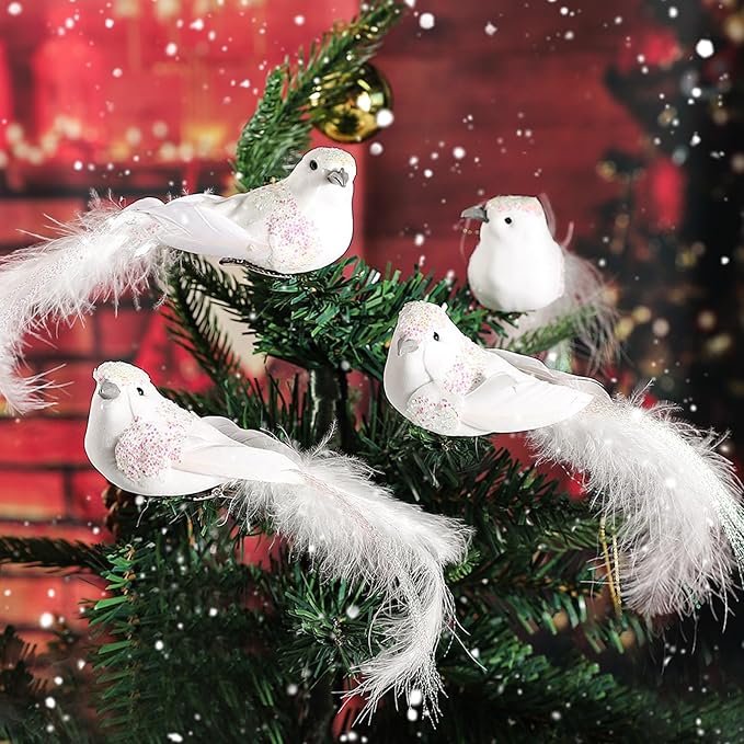 Cosweet 12 Pcs Artificial Christmas Dove Birds with Clip, White Feather Xmas Tree Ornament Wreath Flower Arrangement Supplies for Party Wedding Decor DIY Craft Gifts
