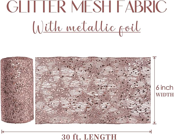 MEEDEE 6 Inch Wide Wired Ribbon Rose Gold Glitter Mesh Web Wired Edge Ribbon by 10 Yards Roll Rose Gold Wired Ribbons for Christmas Tree, Garland, Holiday Wreaths, Bows, Centerpiece, Gift Wrapping