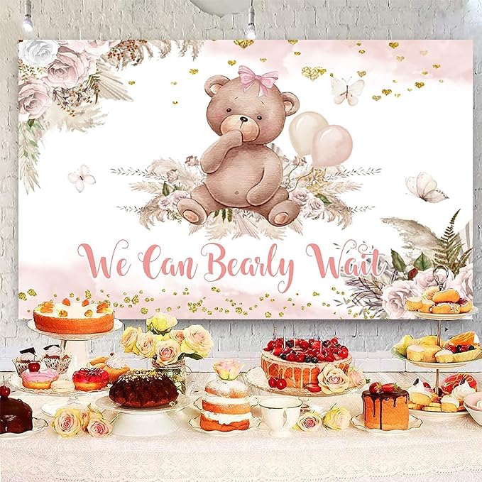 9x6ft Bear Baby Shower Backdrop Boho Pink Floral We Can Bearly Wait Photography Background It’s a Girl Baby Shower Party Banner Decorations Supplies Photo Booth Props