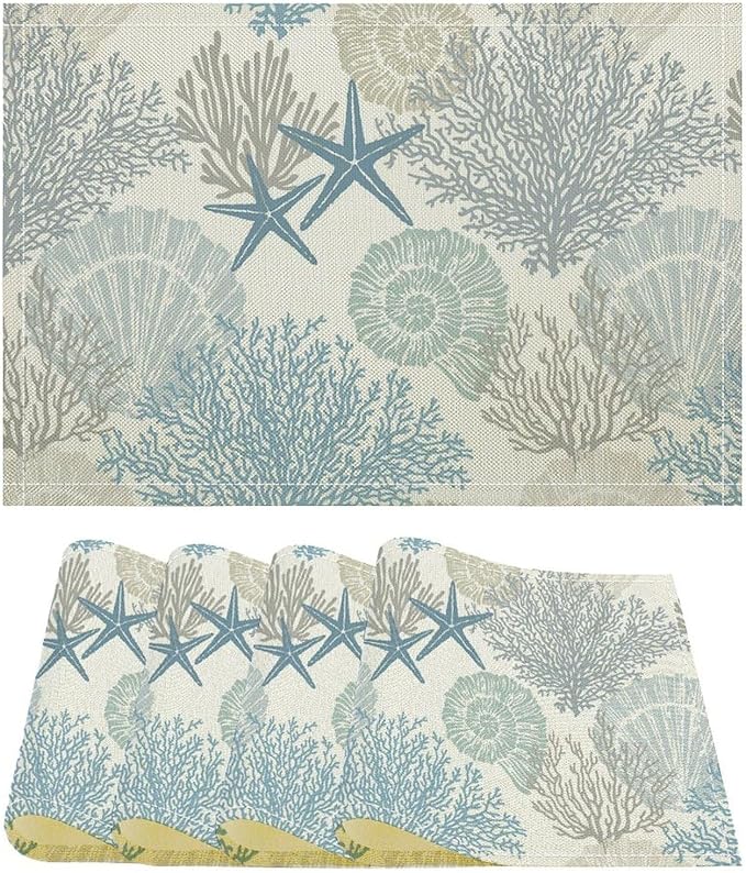 Nautical Beach Placemats Ocean Starfish Seashell Coral Art Printed Dining Table Mats Set of 4 for Restaurant Home Kitchen Holiday Picnic Party Decor 12x18in