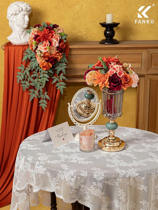 FANKO Artificial Flowers Red Rose, Mixed Fake Silk Flowers Combo Gradient Orange & Champagne Rose Burnt Orange Dahlia Chrysanthemum Vintage for DIY Wedding Bridal Bouquets, Home Decor