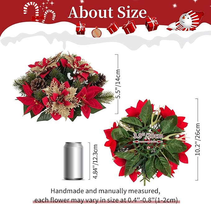 BLOSMON Poinsettias Christmas Flowers Decorations: 6 Pcs Red Gold Glitter Fake Christmas Floral Ball Centerpieces Artificial for Tables Silk Faux Poinsettia Holiday Flower Arrangement Xmas Plant Decor