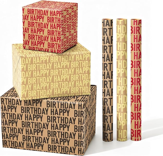 SHUCHING Birthday Gift Kraft Wrapping Paper Roll, Perfect Design for Baby Kids Girl Boy Men Women, 3 Rolls, 17 Inch X 9.8 Feet per Roll