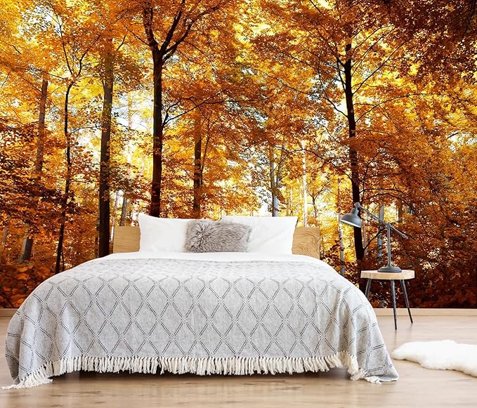 Beautiful Fall Colors in The Forest Wallpaper, Bedroom, Living Room, Bathroom Background Wall Decor Forest Yellow Leaves Mural（Non-self-Adhesive）