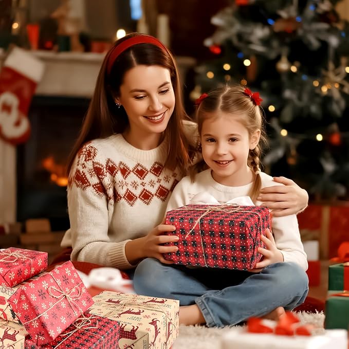 Anvure Christmas Wrapping Paper (4 Rolls: 93 sq. ft total) 17 Inch*16.4 Feet Per Rolls, Xmas Kraft Set Designs with Plaid, Reindeer, Tree, Snowflake & Star Patterns Holiday Wrap for Gift