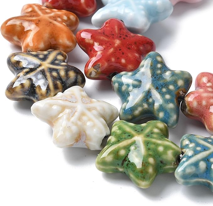 Beadthoven 20pcs Starfish Handmade Porcelain Beads Colorful Printed Ceramic Beads Ocean Sea Star Fish Charm Craft Spacers for Bracelets Necklace Keychain DIY Jewelry Making 20mm Mixed Colors