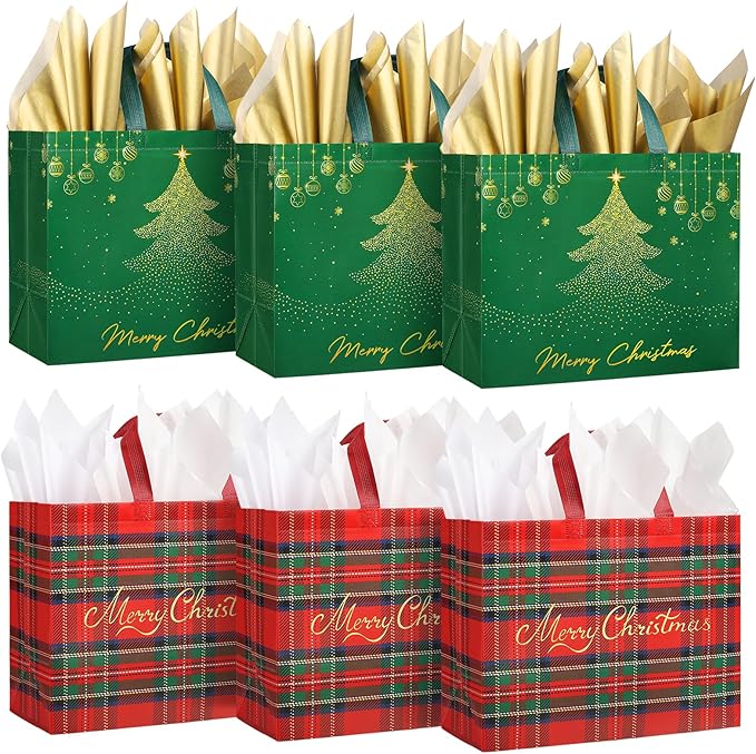 YANGTE 6 Pack 13" Large Christmas Gift Bags with Tissue Paper, Reusable Non-Woven Christmas Bag with Handles for Holiday Presents Wrapping, Xmas Tote Bags for Gifts Wrapping Xmas Party Favors