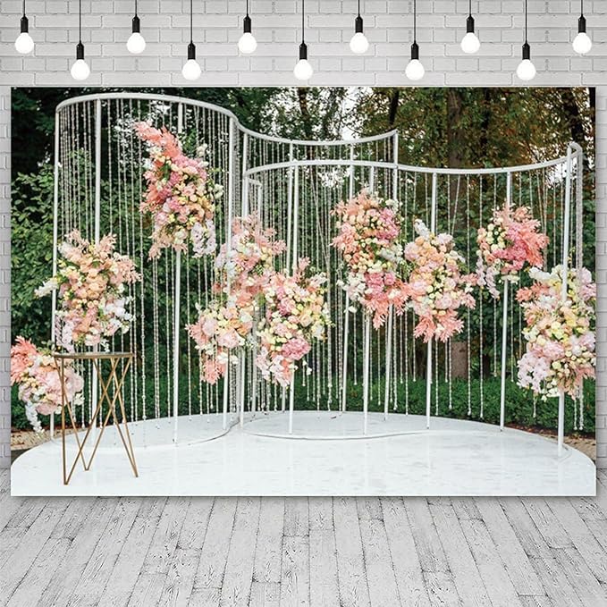 5x3ft Pink Floral Backdrop Green Leaves White Flowers Romantic Wedding Photography Background Natural Theme Birthday Banner Decorations Newborn Baby Shower Portrait Photo Booth Prop