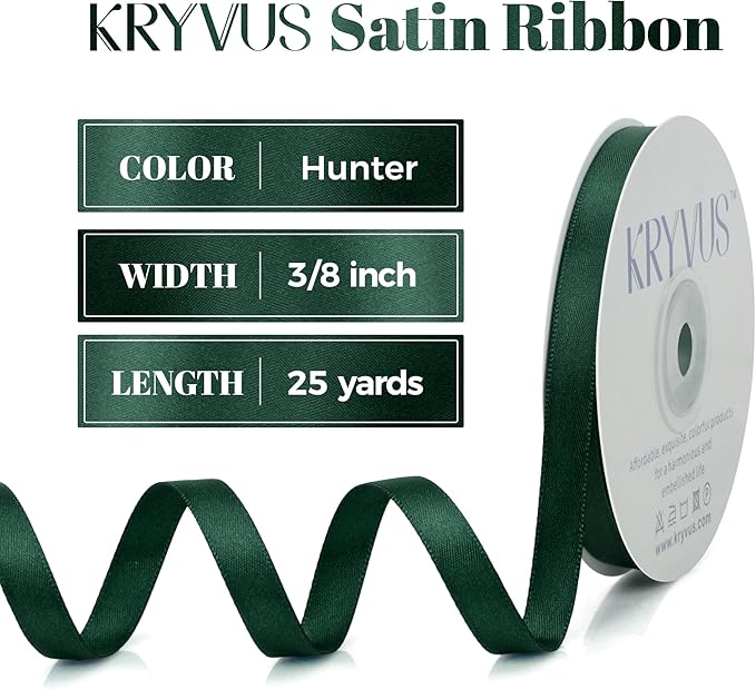 Hunter Green Satin Ribbon, Double Faced 3/8 Inch X 25 Yards Hunter Green Ribbon, Premium Satin Ribbon for Gift Wrapping, Crafts, Hair Bow Making, Sewing, Flower Bouquet, Wedding Party Decor