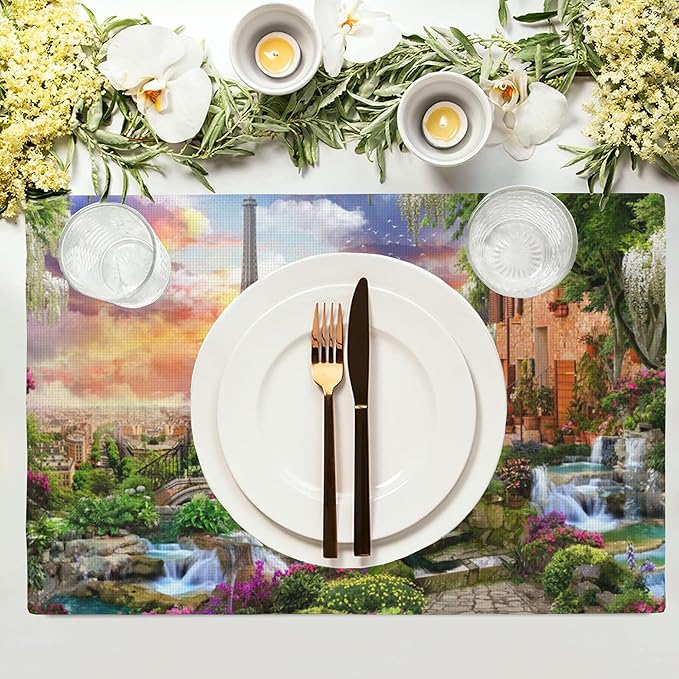 Paris Eiffel Tower Placemats Set of 4,Flower Garden Placemats for Dining Table,Heat Resistant Stain Resistant Wipeable Table Mats for Kitchen Dining Holiday Party Home Decor,12x18 Inch