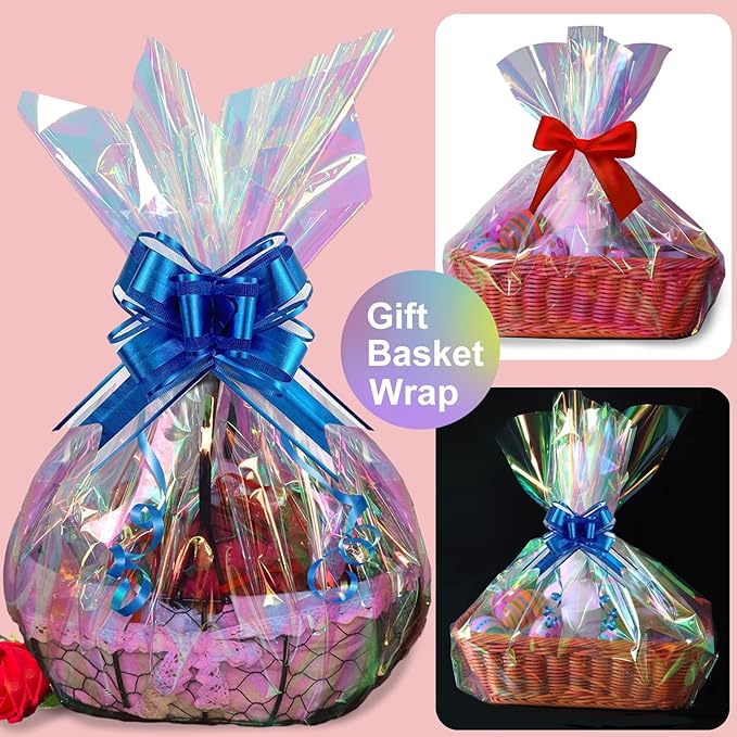 34 in x 66 Ft Iridescent Cellophane Wrap Roll - Extra Wide Cellophane Paper - Iridescent Transparent Cellophane Roll Plastic Wrap for Gift Baskets, Treats, Crafts, Party & Christmas Gift Wrapping