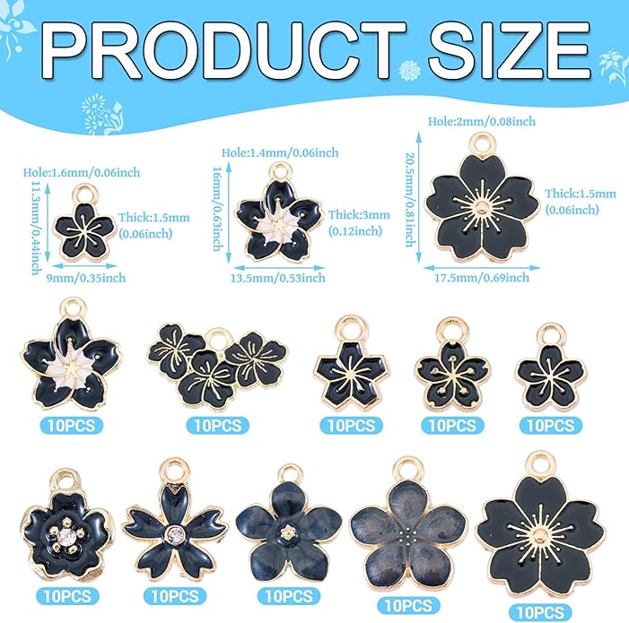 KISSITTY 100Pcs Light Gold Alloy Enamel Charms Cherry Blossom Flower Charm Bulk Gold Plated Pendant Cute Small Floral Dangle Charms for DIY Jewelry Making Kit Bracelet Necklace Keychain Crafts