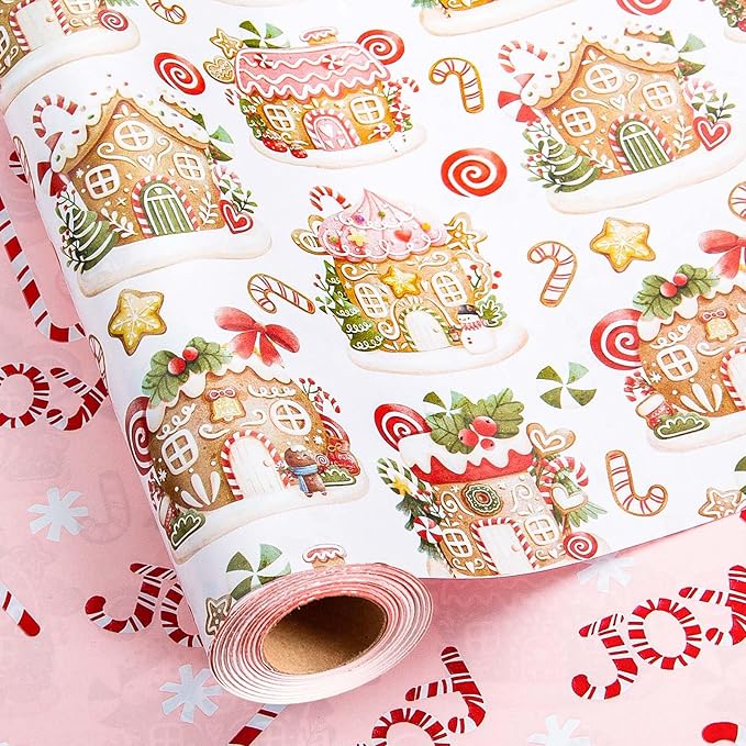 MAYPLUSS Christmas Wrapping Paper Roll - 17 Inch X 33 Feet - Cute Pink Gingerbread House Reversible Candy Cane Gift Wrapping Paper, Thick Gift Wrap Paper for Holiday Party New Year Kids