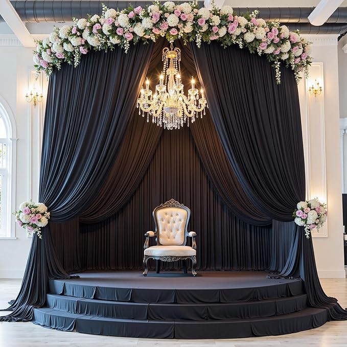 PartyVillage 50ft×15ft Black Backdrop Curtain for Wedding Parties, 10 Panels Wrinkle Free 15 FT Long Polyester Photo Backdrop Drapes Back Drop Cloth for Birthday Photography Background