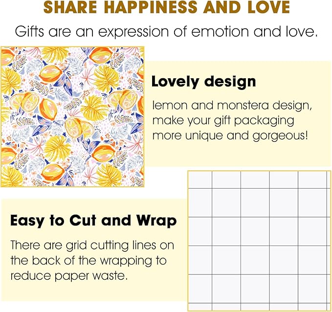 Afucus Gift Wraping Paper, Tropical Fruit Lemon Monstera Leaves, Cute Mini Wrapping Paper Rolls for Birthday Parties, Graduation, Baby Showers, Holidays (17 Inch X 33 Feet)