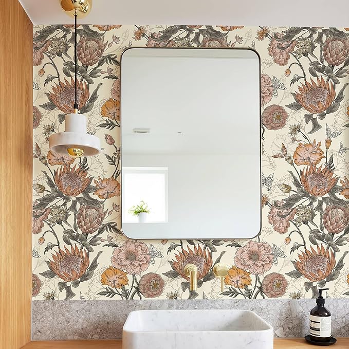 Floral Wallpaper Peel and Stick Floral Contact Paper Yellow and Pink Vintage Wall Paper Removable Self Adhesive Vinyl Stick on Wallpaper for Bathroom Bedroom Decor 17.3in x 400in