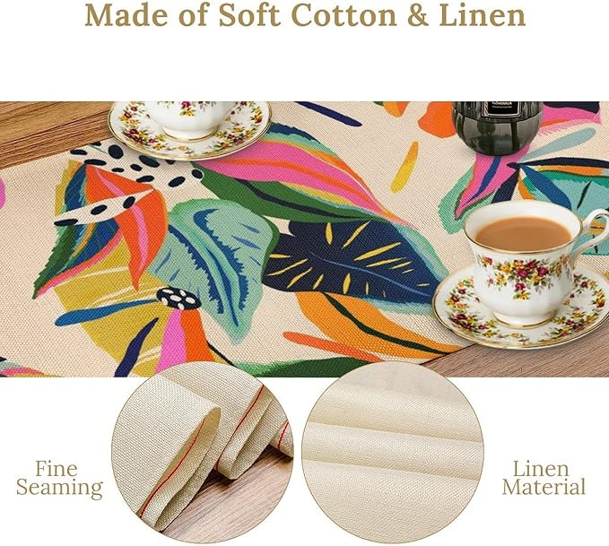 Colorful Flower Table Runner,Abstract Flower Blossom Botanical Pattern Print Tablecloth Burlap for Hotel Indoors Outdoor Dining Room Kitchen Table Decor, 13x108in