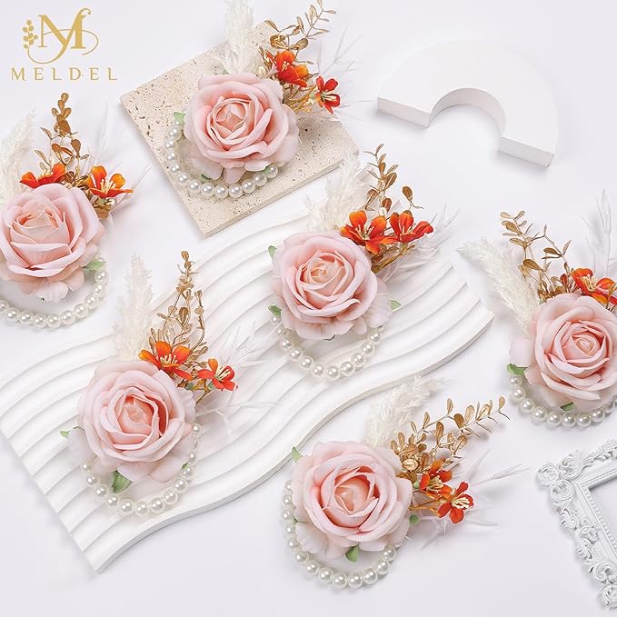 Meldel Pink Velvet Rose Wrist Corsage, Set of 6, Wedding Bridal Flower Corsage Hand Decor for Prom Party Homecoming, Wristband Flowers Bride, Bridesmaid, Girl,Mother of The Bride Corsage