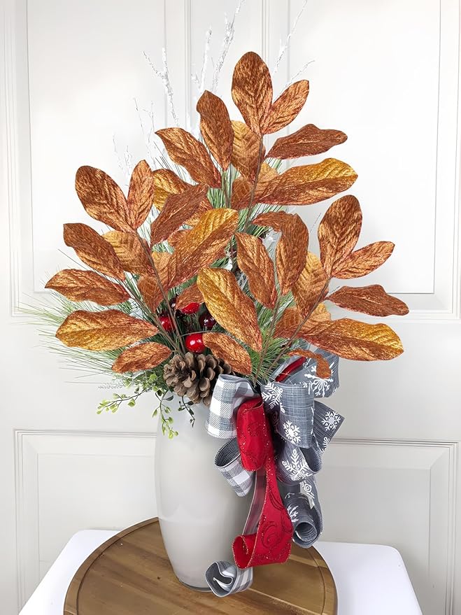 3PCS Bronze Glittered Artificial Leaf Spray Picks 31 inch Tall for Christmas Winter Autumn Wreath Tree Swag Floral Arrangment Vase Holiday Wedding, Bronze