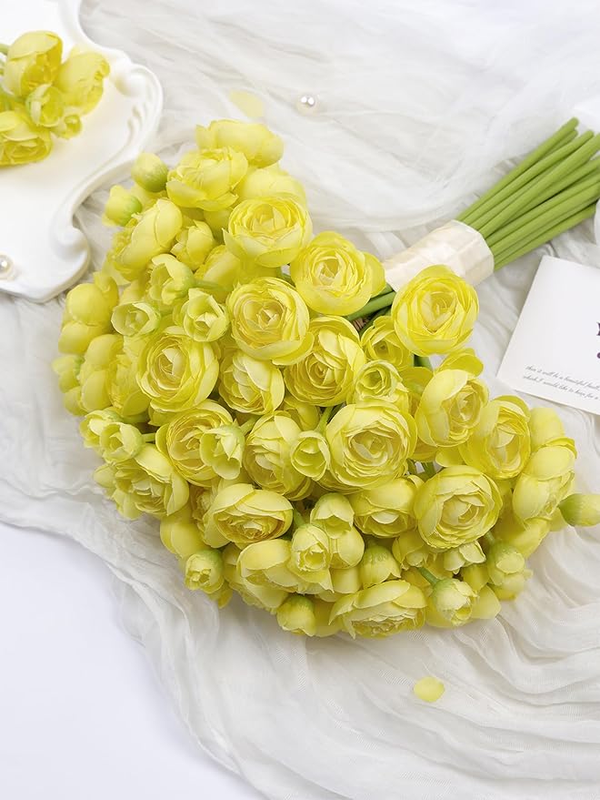 Meldel 32Pcs Ranunculus Artificial Flower Mini Rose, Faux Yellow Ranunculus Flowers for DIY Bouquet, Bulk Fake Peony Wedding Filler Flowers for Centerpieces Arrangements Bridal Shower Decorations