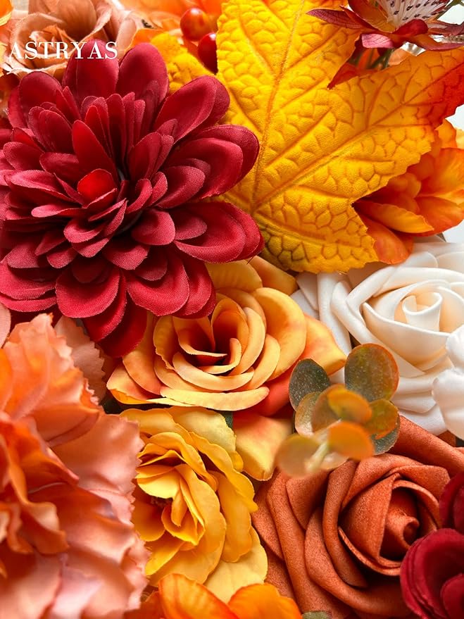 ASTRYAS Burnt Orange Flowers Combo Silk Fake Flowers Combo with Stems for DIY Wedding Bouquets Bridal Shower Centerpieces Party Decorations Thanksgiving Day