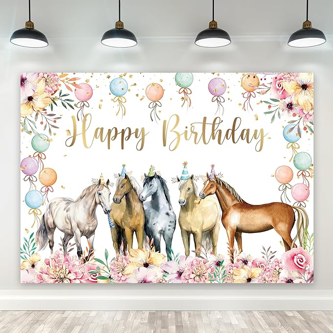 Riyidecor Horse Happy Birthday Backdrop Watercolor Hat Floral Plants Western Cowgirl 7Wx5H Feet Polyester Fabric Modern Balloons Photography Background Cool Table Decor Banner Studio Photo Shoot