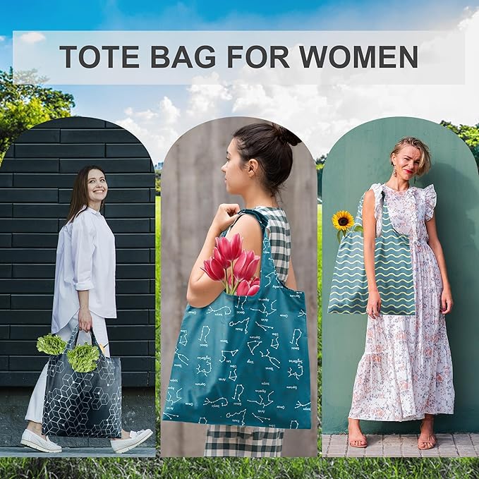 BeeGreen Tote Bags For Women Reusable Gift Bag Travel Grocery Bags Collapsible Foldable Reusable Shopping Bag With Handles Polyester Bulk Cloth Shopping Basket Heavy Duty Washable Geometry