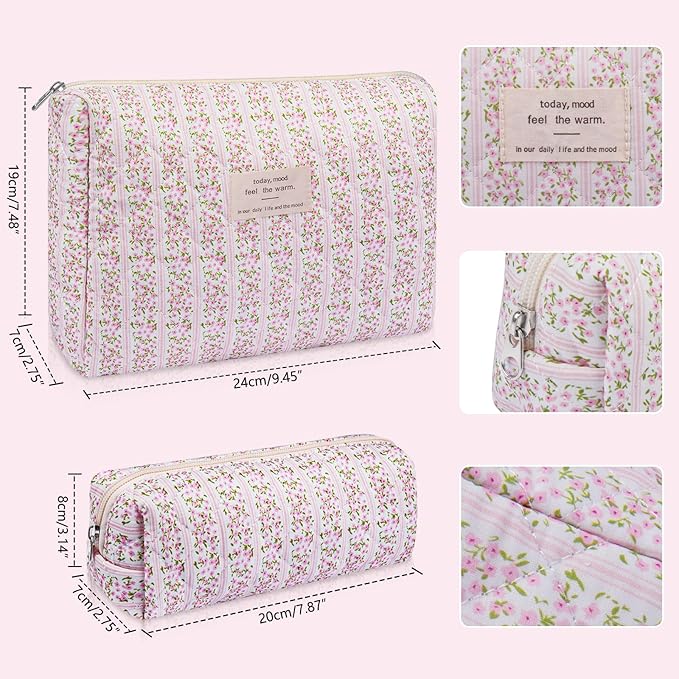2PC Makeup Bag Set, Cute Cosmetic Bag for Women Girls, Floral Coquette Aesthetic Toiletry Bag, Travel Make Up Organizer Bag (White Pink Butterfly Flower)