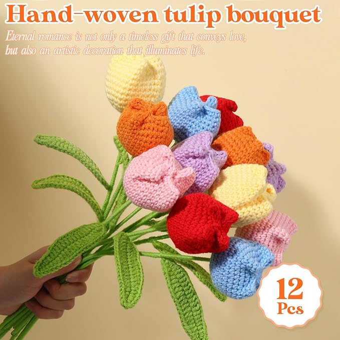 YoungJoy Crochet Rose 12 Pcs Handmade Knitted Flowers Tulip Sunflower Daisy Heart Artificial Knitted Floral Mother Day Graduation Home Decor(Cute Tulip B)