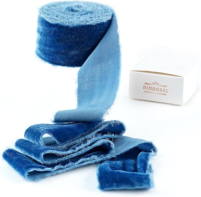 Blue Velvet Ribbon 1.5 Inch Hand Frayed Silk Velvet Ribbon Rustic Velvet for Gift Wrapping, Christmas Tree Decor, Wedding Invitation Bridal Bouquet -3yards