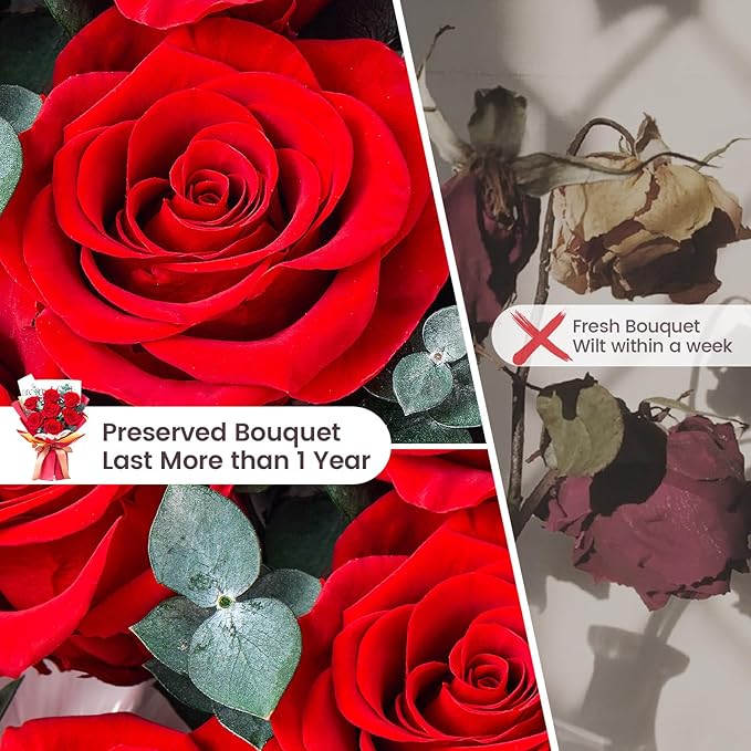 Mosstory Roses Bouquet 7-Piece Forever Flowers Bouquet Gift for Her Women Wife Mothers Anniversary Birthday Wedding (Red Roses)