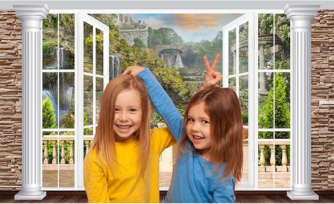 Window Scenery Backdrop White Windowsill Floral Garden Green Forest Natural Rock Stone Photography Background Garden Style Family Union Party Banner Wall Decor Photo Shoot Booth Props 15x10ft