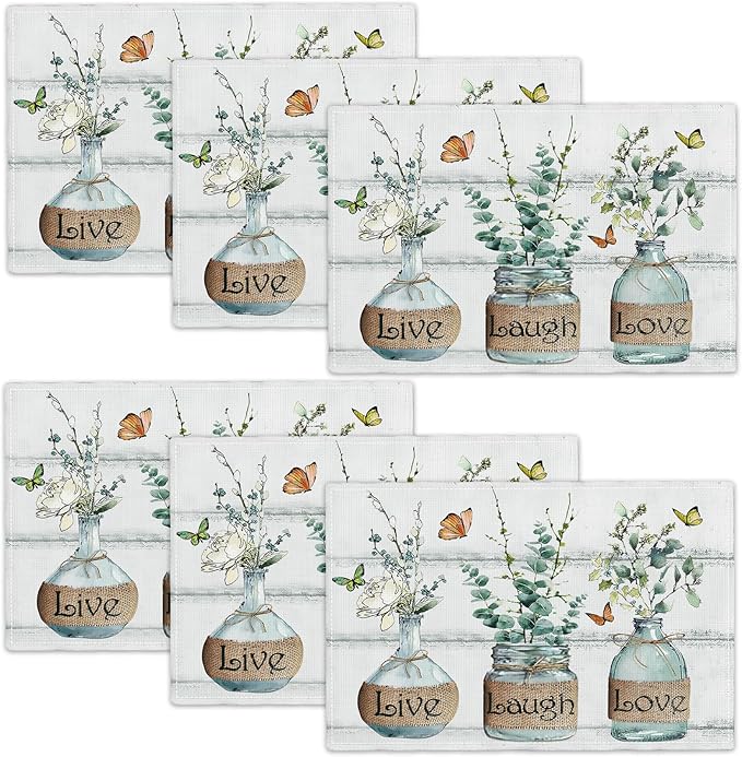 Eucalyptus Placemats Set of 6 Farmhouse Green Botanical Table Mats Washable Place mats for Home Party Indoor Kitchen Dining Table Decoration 12x18 Inch