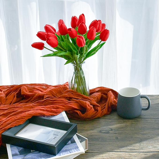 Mandy's Artificial Tulips 20 Stems Red PU Faux Flowers for Thanksgiving and Christmas Decorations Wedding Home Decor 13.5 Inch