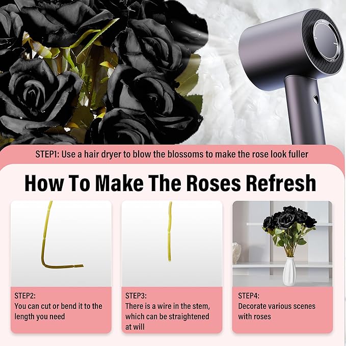 20PCS Artificial Roses with Long Stems - Realistic Silk Flowers, Fake Roses Real Touch Bouquet of Roses for Home Decor, Bridal Wedding Party Table Centerpieces, Bulk Faux Rose Flowers (Black)