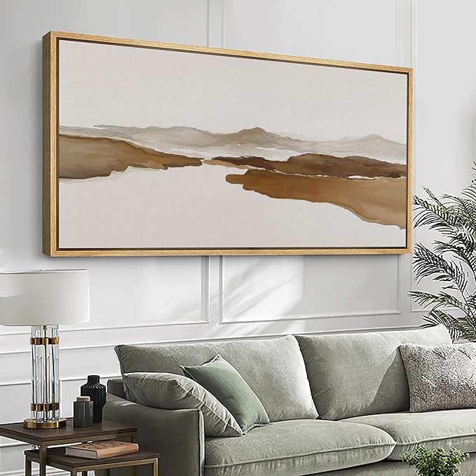 SIGNFORD Extra Large Framed Canvas Print Wall Art Abstract Brown Mountain River Illustrations Modern Art Relax/Calm Warm for Living Room, Bedroom, Office - 60"x30"