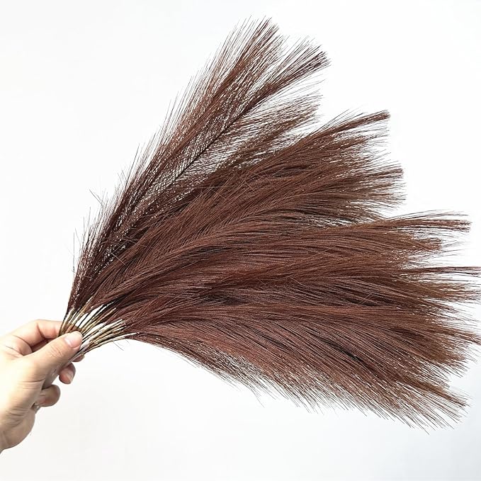 Fake Pampas Grass Plants Artificial Reeds Decoration Set of 28 Stems 17” Faux Florals Bulrush Fluffy Beige Branches Home Wedding Party Vase Fillers Christmas DIY Feathers Décor - Brown Coffee 28 Pcs