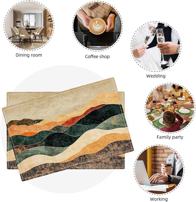 Southwestern Placemats Set of 6, Colorful Art Place Mats, Rustic Mountain Painting Dining Table Mats, Washable Abstract Modern Placemats for Kitchen Dining Room 18L'' × 12W''