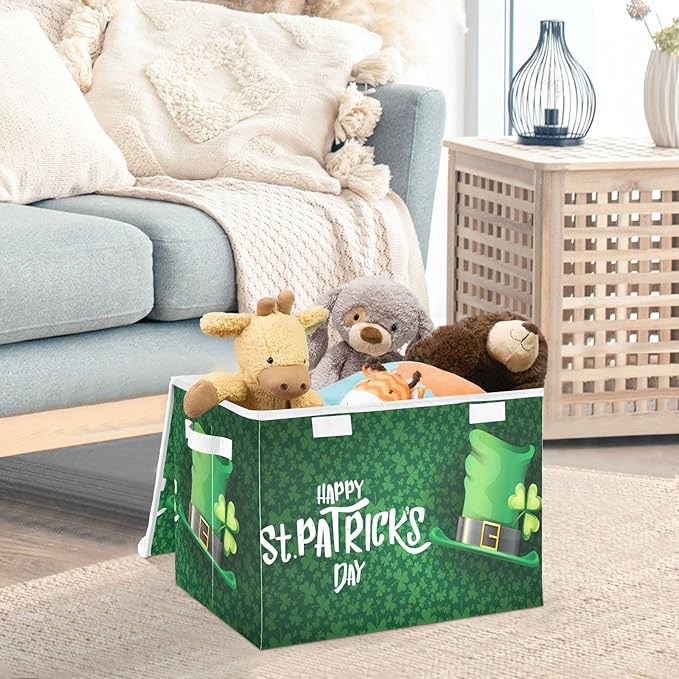 senya St. Patrick's Day Storage Baskets Collapsible Storage Bins with Lids, Saint Patrick's Day and Green Hat on Shamrock Storage Boxes Clothes Baskets for Organizing