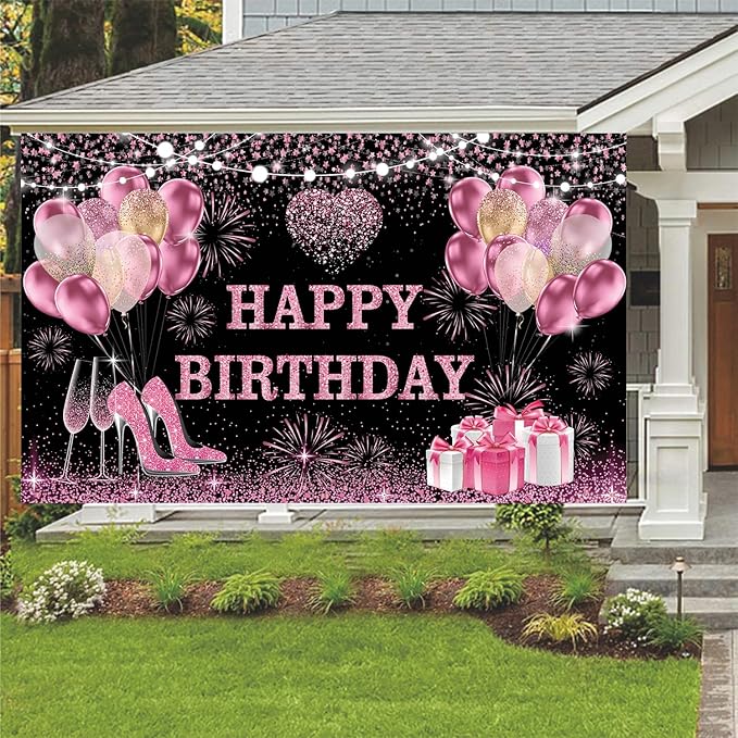 YinQin 180x120 cm Pink Golden Happy Birthday Backdrops Cloth 71x47 inch Bday Party Photography Backgrounds Glitter Black Rose Golden Happy Birthday Sign Banner Decoration for Women Girl