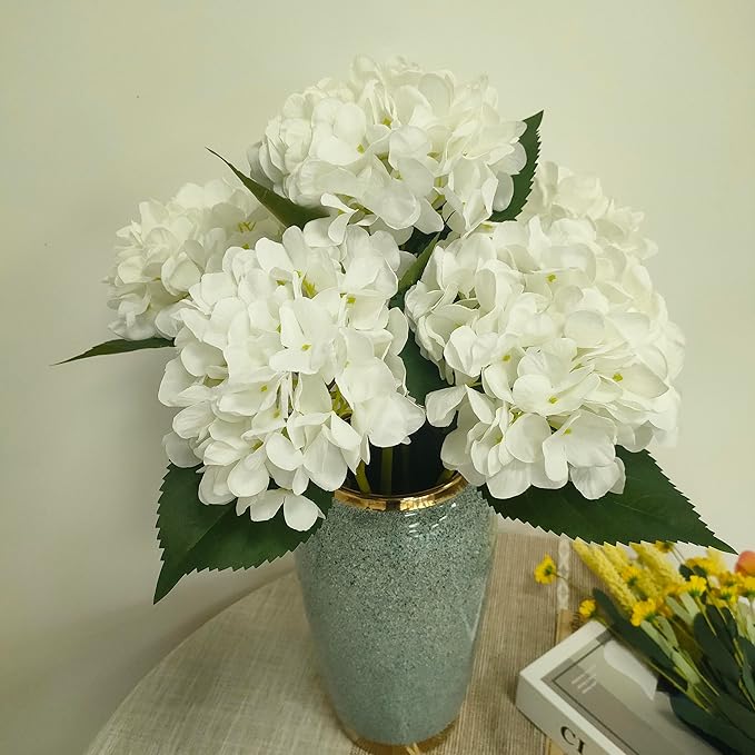 White Hydrangea Artificial Flowers,6 Pcs Faux Artificial Hydrangeas Flowers with Stems,Fake Silk Hydrangeas Flowers with Stems for Home Decor (6, White)