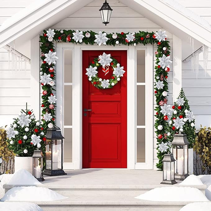 36 Pcs Christmas Glitter Artificial Poinsettia Flowers Xmas Poinsettia Artificial Wedding Flowers Decorations Xmas Tree Ornaments with Clips for Party, 6 Inch, 4 Inch, 3 Inch(Silver)