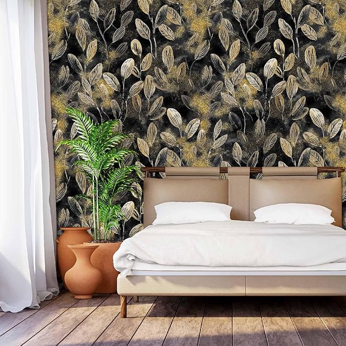 Modern Black and Gold Floral Leaf Peel and Stick Wallpaper Removable Dark Art Deco Self Adhesive Vinyl Contact Wall Paper for Bathroom Renter Friendly Wallpaper 17.7" X 124"